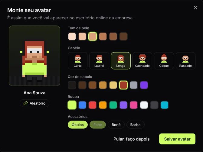Tela para montar o avatar