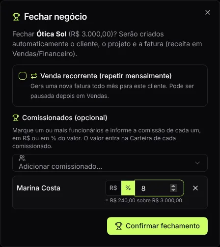 Fechar negócio com comissão em porcentagem